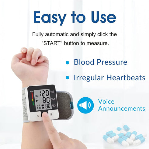 Automatic Wrist Blood Pressure Monitor, Talking Blood Pressure Cuff for Home Use, Adjustable Cuffs, Large LCD Display