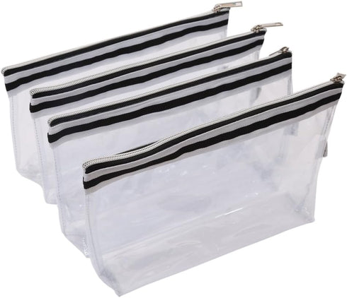 Multi-purpose Waterproof Clear Vinyl Zippered Toiletry Makeup Pouch with French Tape 4-pack