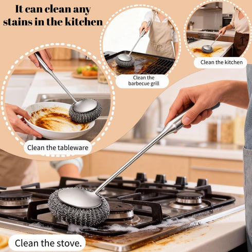 Yajouwin 7Pcs Set 1 Brushes,1 Brushes,4 Pads,1 Steel Wool Scrubber with Handle: Stainless Steel Scrubber Brush Long