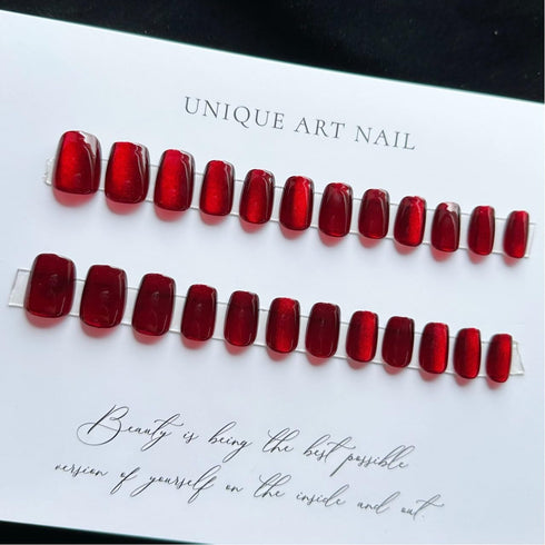 Wine Red Press on Nails Short Square Fake Nails Cat Eye Nails Press Ons Full Cover Glossy Glue on Nails Shiny Acrylic Stick on Nails Reusable Cute Artificial Nails for Women Manicure 24Pcs