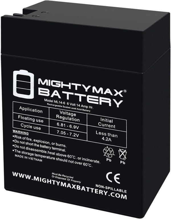 Mighty Max Battery ML14-6 - 6 Volt 14 AH, Fast-on Terminal, Rechargeable SLA AGM Battery