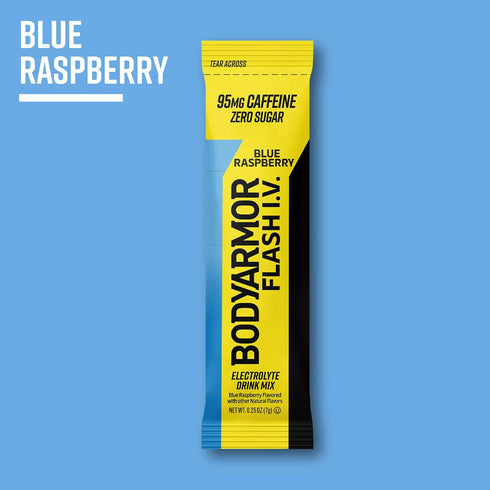 Packets Packs, (6 Count) BODYARMOR Caffeinated Flash I.V. Electrolyte Blue Raspberry - Zero Sugar Energy Drink Mix