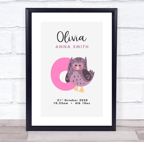 The Card Zoo New Baby Birth Details Christening Nursery Initial O Owl Keepsake Gift Print