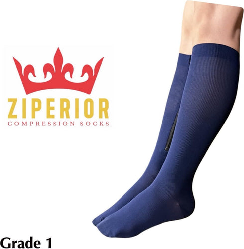 Ziperior 15-20 mmHg Closed Toe Compression White Navy Gray Inside Zipper Socks