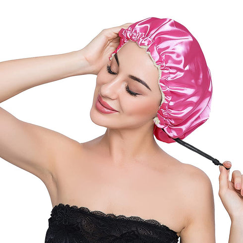 Stain Bonnet Silky Sleep Cap, Adjustable Satin Cap for Night Sleeping, Reversible Double Layer Rose/Beige