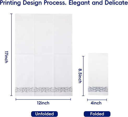 200 Disposable Hand Towels, Soft Absorbent Linen Feel Dinner Napkin, White and Silver