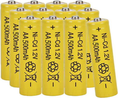 12 Packs 1.2V AA 500mAh Nickel Cadmium Rechargeable Batteries for Solar Lights, Lawn Landscape Lighting (AA Size)