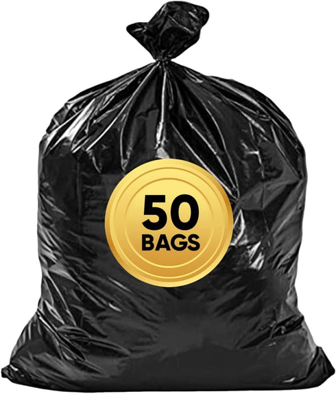 Heavy Duty 55 Gallon Trash Bags, Value-Pack 50 Bags w/Ties, Large Black Garbage Bags for Lawn, Leaf, and Commercial