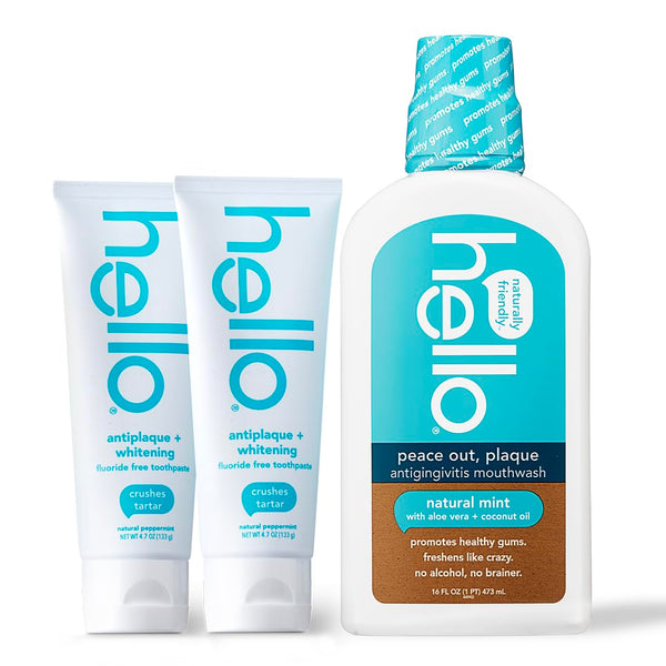 Hello Antiplaque Whitening Toothpaste & Antigingivitis Mouthwash, Fluoride Free, Vegan, 4.7 oz & 16 oz