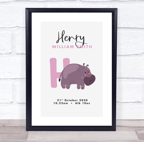The Card Zoo New Baby Birth Details Christening Nursery Initial H Hippo Keepsake Gift Print