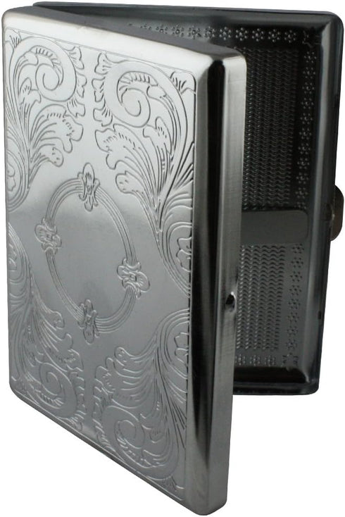Etched Cigarette Case, Victorian Style Metal Holder for Regular, King and 100's Size (Etched Silver) RFID
