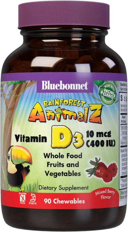 Bluebonnet Nutrition Rainforest Animalz Vitamin D3 400 IU | 90 Count | Chewable Tablet, Non-GMO, Vegetarian Friendly