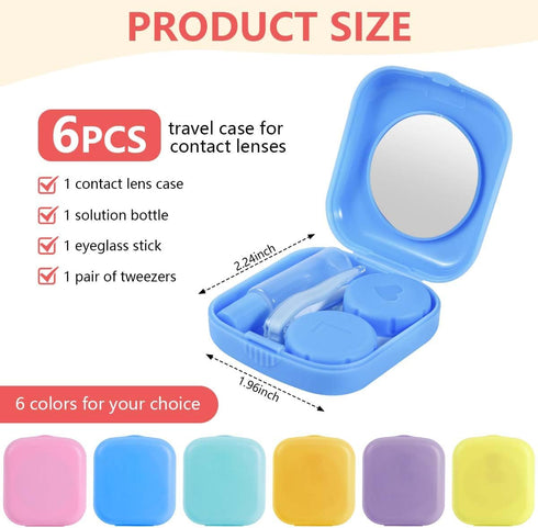 6 Pack Colorful Contact Lens Case Travel Kit, Holder with Mirror, Bottle, Tweezers, and Remover Tool