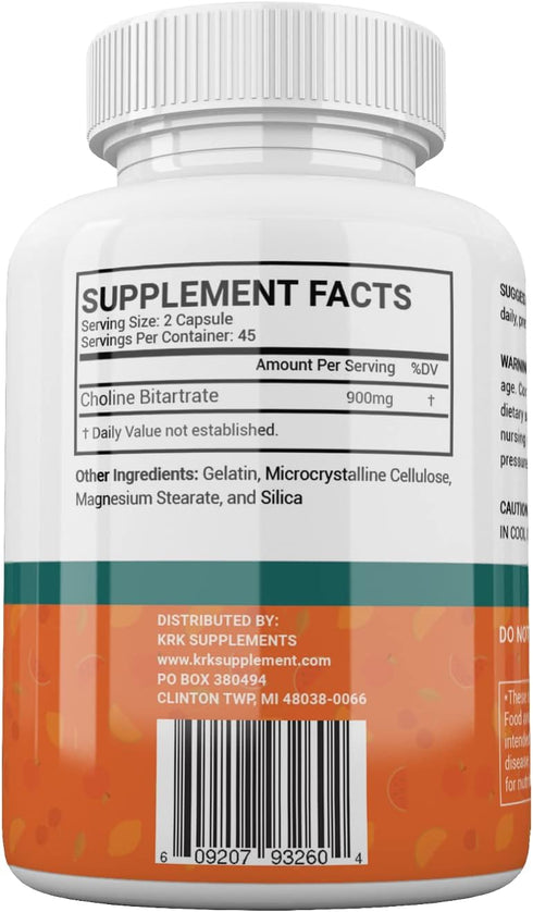 2 Bottles of Choline Bitartrate 900mg, 180 Total Capsules from KRK Supplements