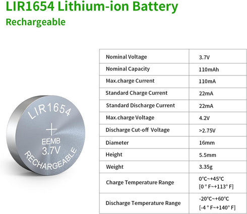 EEMB 4PACK LIR1654 Rechargeable Battery 3.7V Lithium-ion Button Batteries Coin Cell Battery for Earphone Wearable Device Watch