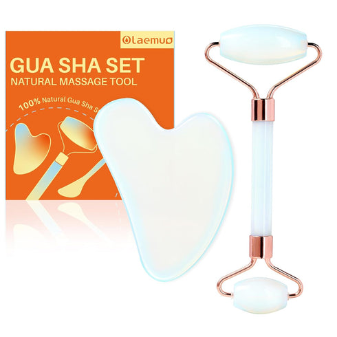 Opal Gua Sha and Face Roller, Real Jade Facial Tools Set for Puffiness, Neck Tension Relief, Beauty Massager