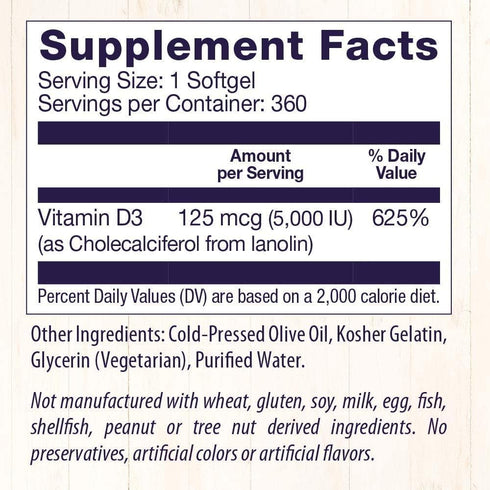 Healthy Origins Vitamin D3 5,000 IU - Immune Support & Bone Health Supplement - 360 Gluten-Free Softgels