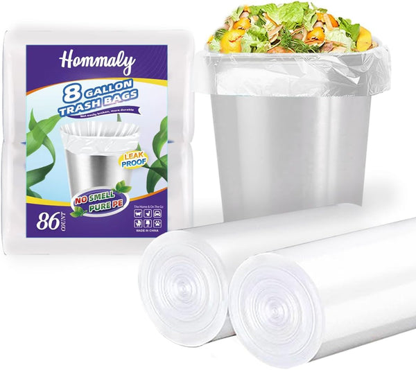 Hommaly 8 Gallon Medium Clear Trash Bags, 86 pcs, Strong Garbage Bags for Office, Fit 7-8 Gallon Waste Basket