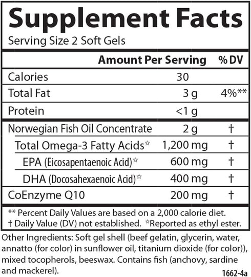 Carlson Super Omega-3 Gems + CoQ10 - 120 Softgels - 1200 mg Omega-3s, 200 mg CoQ10 - Circulation Function & Energy
