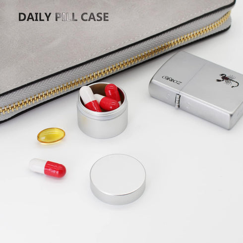 Portable Daily Pill Case, Heavy Duty Aluminium Alloy Round Pill Box, Waterproof Travel Pill Organizer