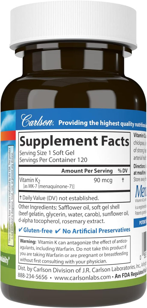 Carlson Vitamin K2 MK-7 (Menaquinone) - 90 mcg, Bone Support, 120 Softgels
