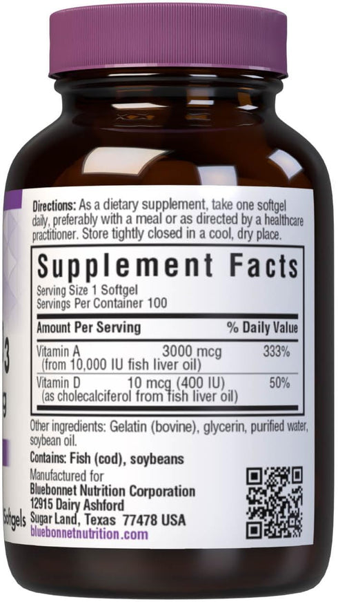 Bluebonnet Nutrition Vitamin A & D3 10,000 IU/400 IU Softgel, 100 Count - Immune Function & Eye Health Support - Gluten