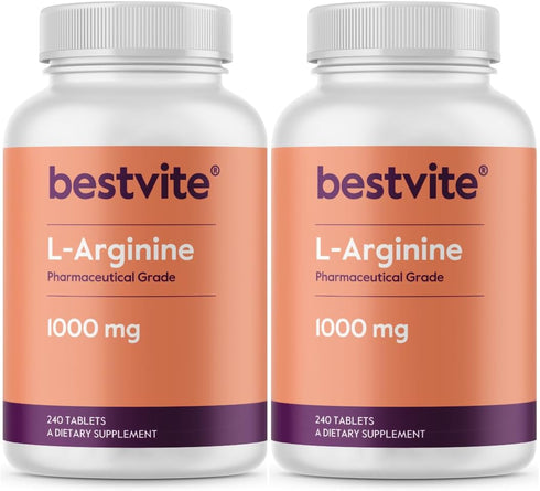 BESTVITE L-Arginine 1000mg (480 Tablets) (240 x 2) - 20% More Pure L-Arginine vs L-Arginine HCL Products
