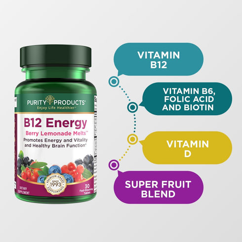 Purity Products B-12 Energy Berry Lemonade Melt, 30 Melting Tablets | Methylcobalamin B12 with Vitamins B6, D3, Folic