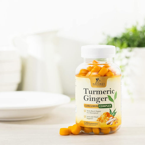 Turmeric Curcumin & Ginger Gummies with Black Pepper Extract for Max Absorption, 120 Vegan Gummies