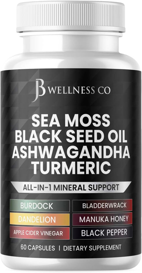 JB Wellness Co Sea Moss Black Seed Oil Ashwagandha Turmeric Bladderwrack Burdock - with Manuka,