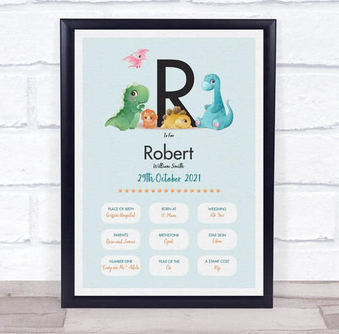 The Card Zoo New Baby Birth Details Christening Nursery Dinosaur Initial R Gift Print