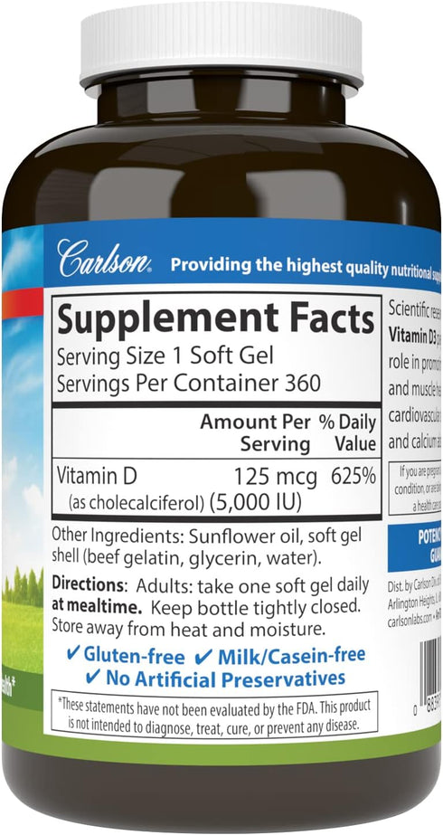 Carlson Vitamin D3 5000 IU (125 mcg), 360 Softgels - Bone & Muscle Health, Cholecalciferol, Vitamin D Supplements