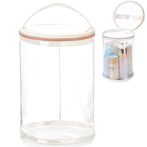 Sanwuta Beige Clear Toiletry Bag - Waterproof PVC Makeup Case with Handle, Zipper Portable Organizer for Women