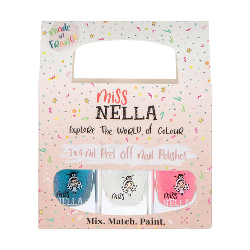 MISS NELLA PARTY COLLECTION 3-3 Peel Off, Odour Free Glitter Nail Polishes Pack - Blue, Clear & Coral