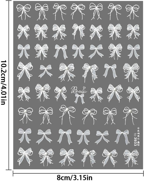 5D Embossed White Lace Bowknot Nail Art Stickers, Pearl Bow Nail Decals for Retro Nail Art Supplies