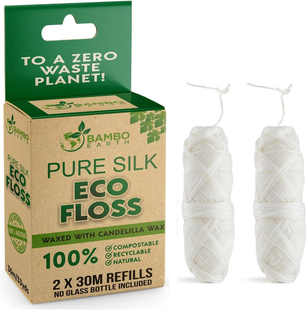 Biodegradable Mint Dental Tooth Lace Floss, 2X Refillable Flossers, 100% Organic Natural Teeth Silk Spool