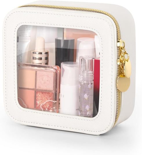 Mini Makeup Bag, Small Waterproof Clear Makeup Bag, Leather Cosmetic Pouch for Travel, Beige