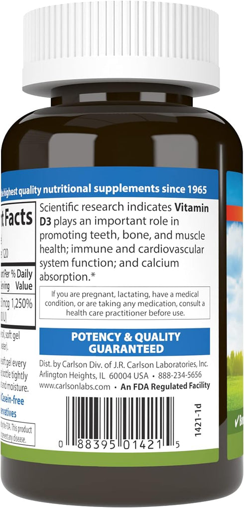 Carlson Vitamin D3 10000 IU (250 mcg) Softgels, 120 Softgels for Bone & Immune Support, Gluten Free