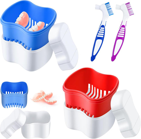 Patelai 2 Denture Cases with Cleaner Brushes, Travel Retainer Case, Dentures Container, Braces Pacifier Storage