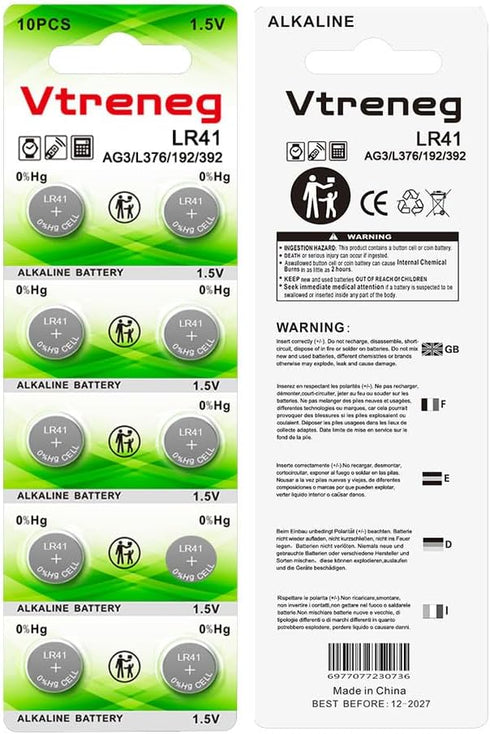 Vtreneg 10 Pack LR41 AG3 392 384 192 L736 L736f 1.5V Button Batteries Alkaline Battery for Thermometer