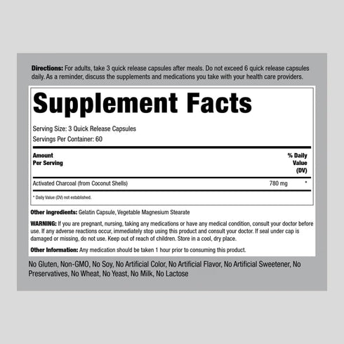 Piping Rock Activated Charcoal Pills 780mg | 180 Capsules | from Coconut Shells | Non-GMO, Gluten Free Supplement
