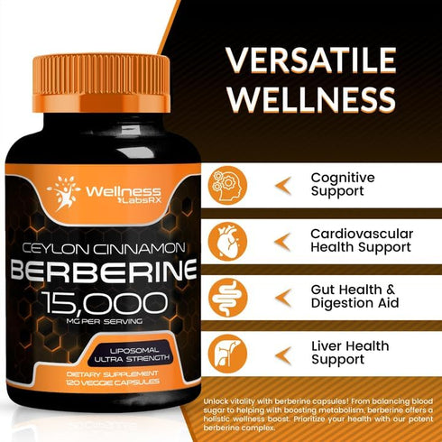 Berberine Supplement 15,000mg - Organic with Ceylon Cinnamon, 120 Capsules for Weight Loss & Metabolism