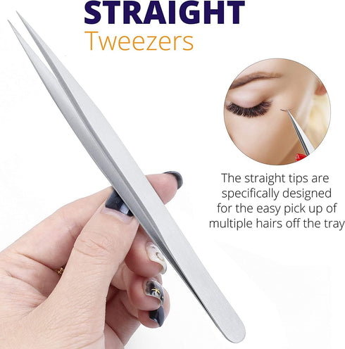 Sivote Eyelash Tweezers, 2-Pack, Stainless Steel Lash Tweezers for Eyelash Extensions, Matte Silver