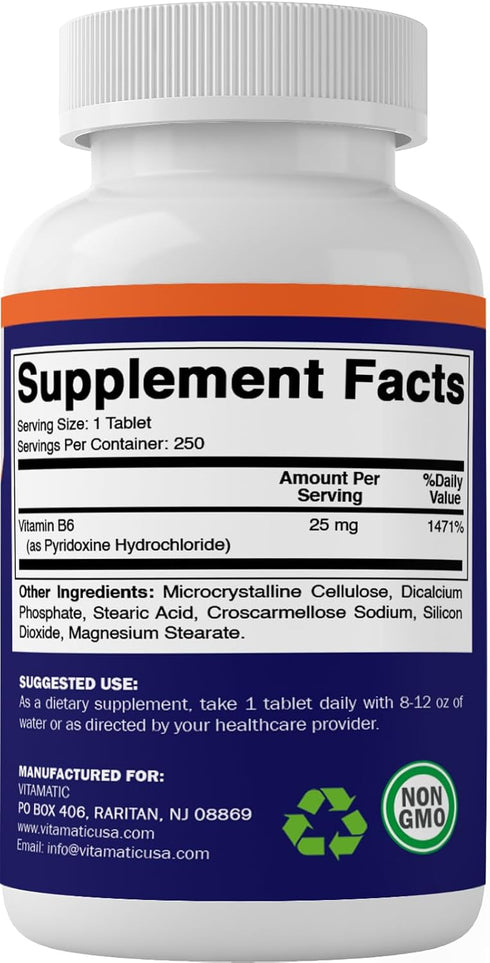 Vitamatic Vitamin B6 (Pyridoxine HCI), 25 mg 250 Vegetarian Tablets - Promotes Energy Production, boosts Metabolism and Immune Health Support