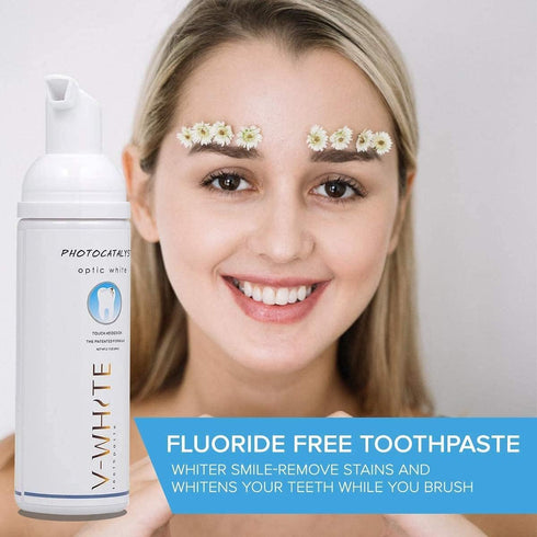 V-White Foam Teeth Whitening Toothpaste - Organic Toothpaste Fluoride Free, Alcohol Free, pH Balanced - Deep Cleansing