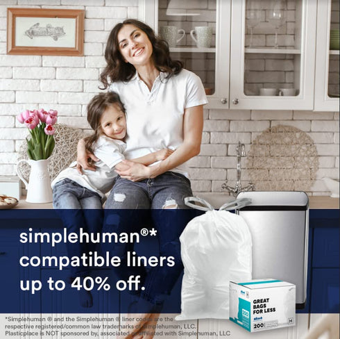 Plasticplace Custom Fit Trash Bags (10-10.5 Gallon, 20 Count/5 Pack) - Compatible with simplehuman Code J, White