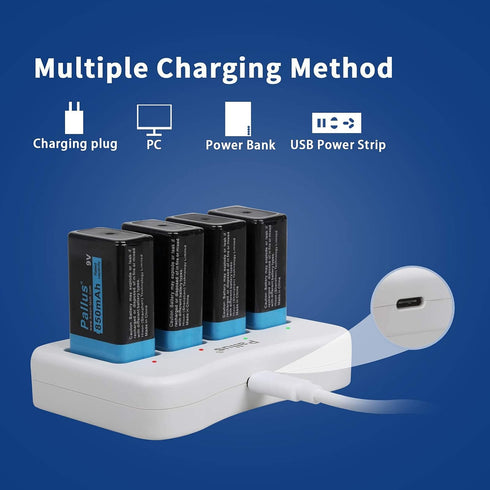 Pallus 9V 850mAh 9V Charger,6F22 Detectors,Toys,Flashlights4Pack Rechargeable Battery, Lithium-Ion Rechargeable