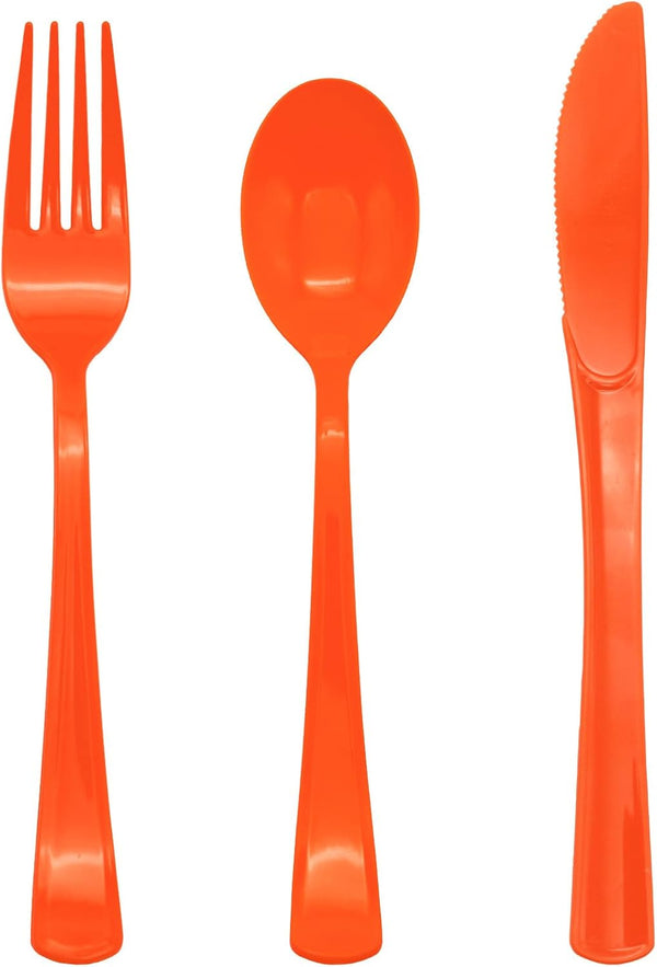 150 Pack Orange Plastic Silverware - Heavy Duty Cutlery with 50 Forks, 50 Spoons, 50 Knives for Parties
