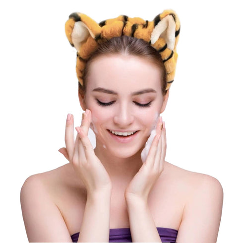2 PCS Women Animal Ear Tiger Print Fuzzy Hairband, Elastic Stretch Head Wrap for Skincare Spa
