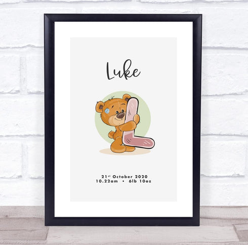 The Card Zoo New Baby Birth Details Christening Nursery Bear Initial L Keepsake Gift Print